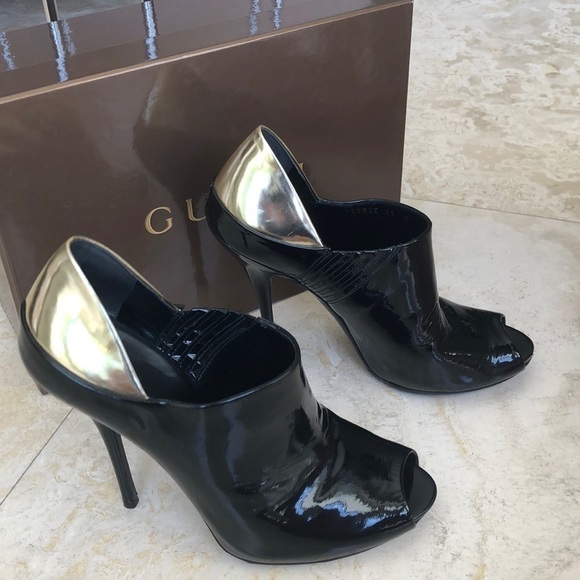 Gucci Black Stiletto Open Toe Booties Gold Back -8 - Picture 4 of 10